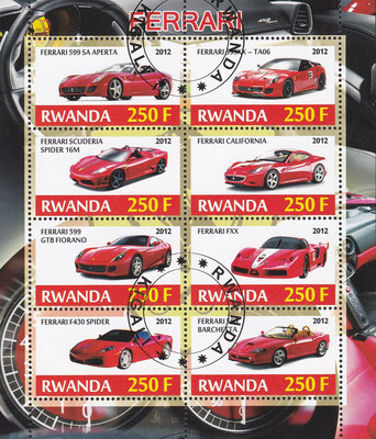 Postzegels Rwanda uit 2012 met Ferrari's.