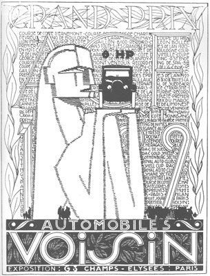 Advertentie van Voisin uit 1924. Het Egyptische motief weerspiegelt de belangstelling voor het pas ontdekte graf van Toetanchamon.