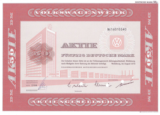 Aandeel (Aktie) DM 50 Volkswagenwerk A.G. Wolfsburg uit 1978.