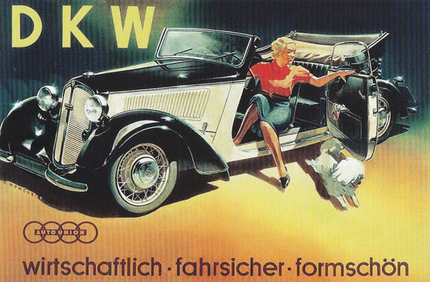 Affiche van Victor Mundorff uit 1938 voor de DKW vierzits F7 Front-Luxecabriolet.