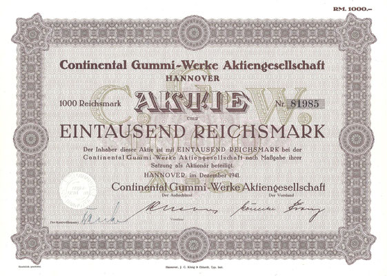 Aandeel Continental Gummi-Werke A.G. uit 1941. Dit stuk is te koop, prijs € 8,00, mail: automobielhistorie@gmail.com  Het stuk kan een ander nummer hebben dan het stuk op de foto.