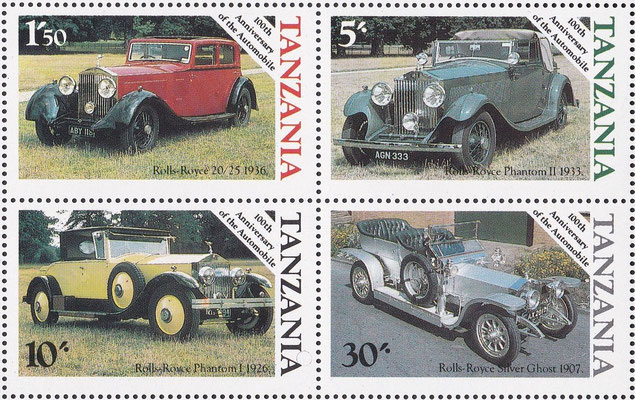 Postzegels Tanzania uit 1986. Honderdste verjaardag van de auto.
