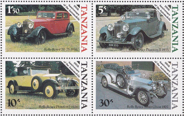 Postzegels Tanzania uit 1986. Honderdste verjaardag van de auto.
