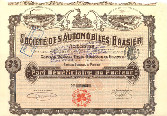 Aandeel Société des Automobiles Brasier Anonyme uit ~1907.