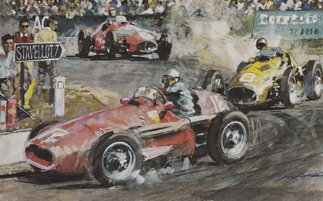 Grand Prix van België op Spa in 1952. Villoresi met Ferrari op kop. Geschilderd door Walter Gotschke.