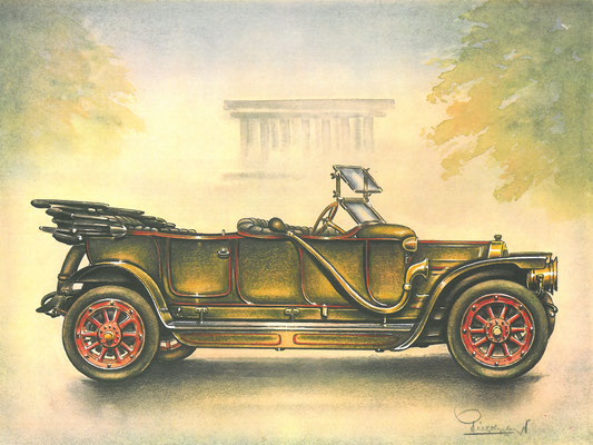 Een Lancia uit 1911, getekend door Piet Olyslager.