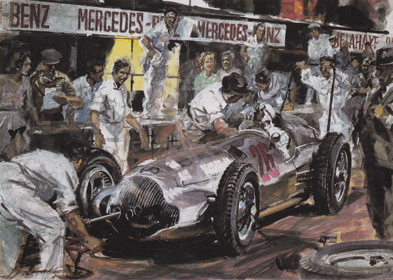 Rudolf Carraciol met de 12-cilinder Mercedes W154 Grand Prix auto,, winnaar van de Coppa Acerbo in 1038 op het circuit va Pescara in Italië