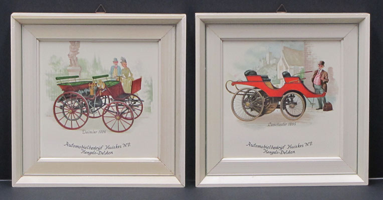 Ingelijste tegels als wanddecoratie, uitgegeven door Automobielbedrijf Huiskes N.V. in Hengelo en Delden.