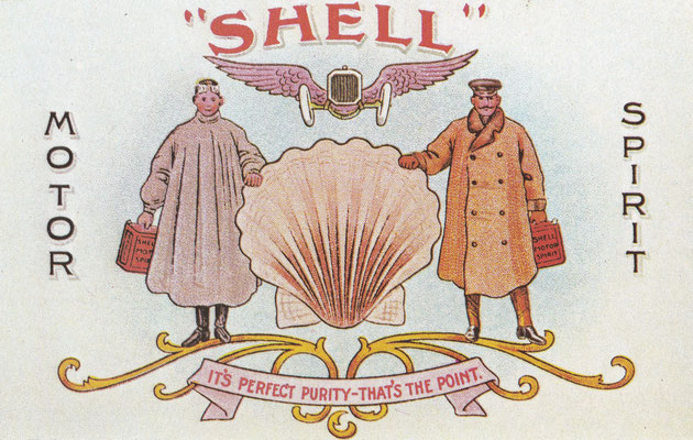 Dit is één van de posters van Shell uit  de Edwardian tijd. De 2 gallon (9 liter) can voor brandstof werd algemeen gebruikt in Engeland, bij veel auto's werd deze bevestigd op de treeplank.