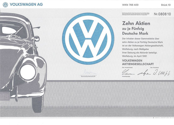 Aandelen (Aktien) DM 500 Volkswagen A.G. Wolfsburg uit 1991.