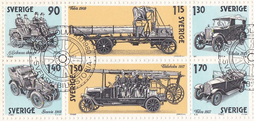 Postzegels Zweden uit 1980. Zweedse automobiel geschiedenis.