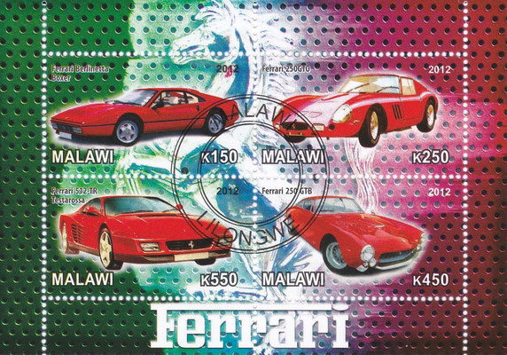 Postzegels Malawi uit 2012 met Ferrari's.