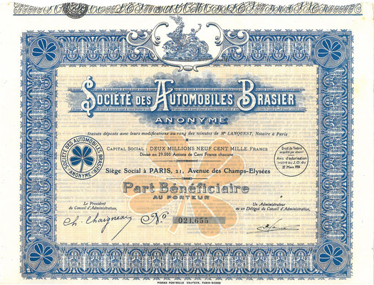 Aandeel Société des Automobiles Brasier Anonyme uit ~1926.