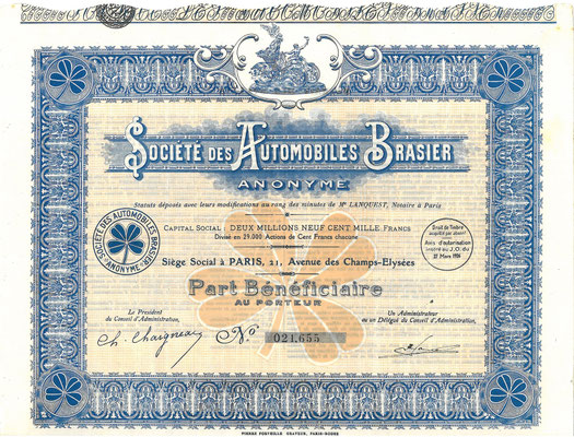 Aandeel Société des Automobiles Brasier Anonyme uit ~1926.