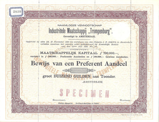 Aandeel N.V. Industriëele Maatschappij "Trompenburg" uit 1898 (specimen).