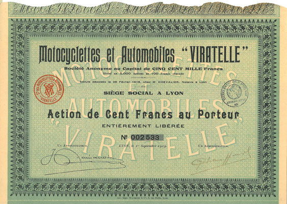 Aandeel Motocyclettes et Automobiles "Viratelle" S.A. uit 1919.