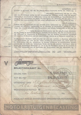 Een belastingkaart uit 1941 voor een motorrijtuig (1).