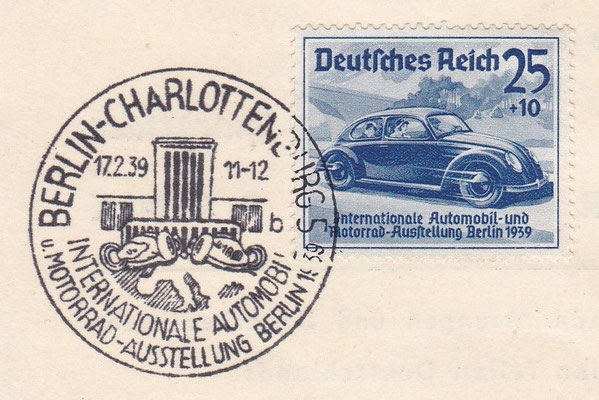 Postzegel Internationale Automobil und Motorrad Ausstellung Berlin 1939 met speciaal stempel.