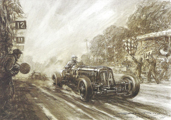 Raymond Mays wint in 1937 op Donington met een ERA (English Racing Automobiles). Een kunstwerk van Gordon Crosby.