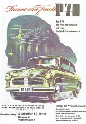Zwitserse advertentie voor de Zwickau P70 uit de DDR, de voorloper van de Trabant.