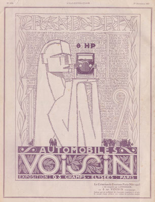 Advertentie van Voisin uit 1923. Het Egyptische motief weerspiegelt de belangstelling voor het pas ontdekte graf van Toetanchamon.