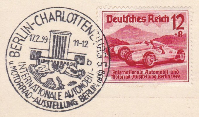 Postzegel Internationale Automobil und Motorrad Ausstellung Berlin 1939 met speciaal stempel.