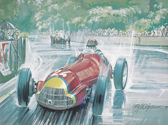 Fangio met de Alfa Romeo 159 vóór temgenoot Farina in de Zwitserse Grand Prix van 1951. Kunstwerk van Rodney Diggens.