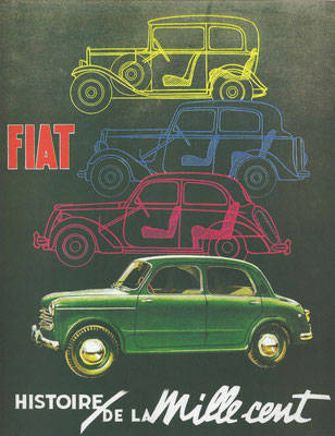 Franse Fiat advertentie uit 1956 met 4 generaties 1100.