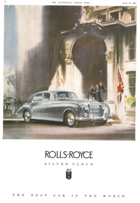 Advertentie uit 1955 voor de Rolls-Royce Silver Cloud, een kunstwerk van Frank Wootton.