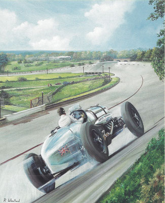John Cobb met een Napier Railton op Brookland in 1935, een kunstwerk van Richard Wheatland.