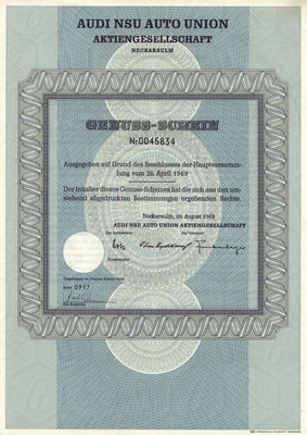 Genuss Schein Audi NSU Auto Union A.G. Neckarsulm uit 1969. Dit stuk is te koop, prijs € 8,00, mail: automobielhistorie@gmail.com  Het stuk kan een ander nummer hebben dan het aandeel op de foto.
