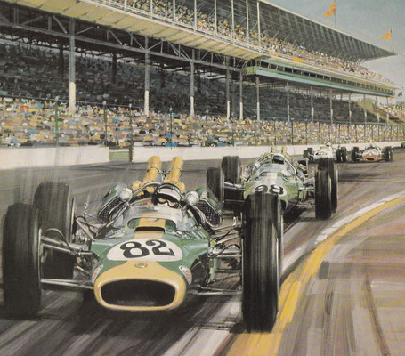 Jim Clark op weg naar de eerste plaats in de Indianapolis 500 race in 1965. De lotus werd aangedreven door  een Amerikaanse Ford 4,2 liter V8 motor met 4 nokkenassen die op alcohol liep.
