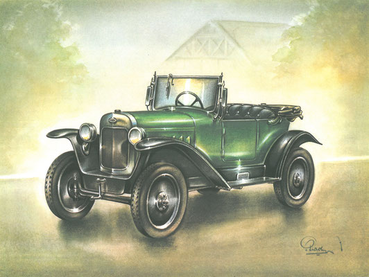 Een Opel uit 1923, getekend door Piet Olyslager.