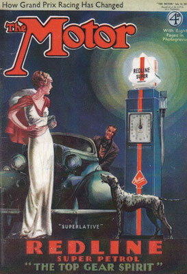Reclame voor Redline  in Art Deco stijl op de voorzijde van het tijdschrift The Motor uit 1927.