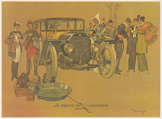 Het vertrek per auto van helden naar de oorlog. Werk van René Vincent uit 1915.