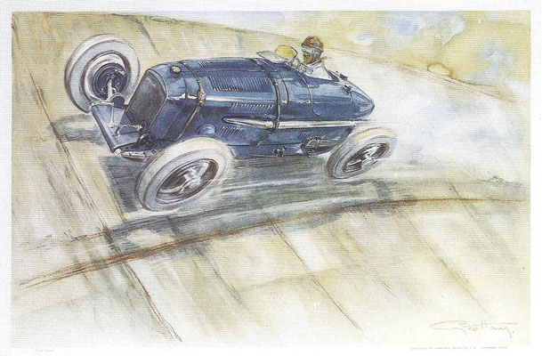 Een Amilcar op Autodrome Montlhéry bij Parijs in 1928, de kunstenaar is Geo Ham.