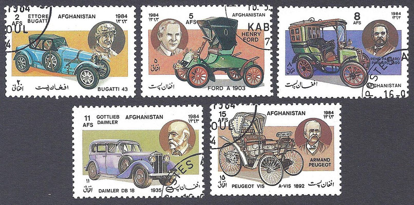 Postzegels Afganistan uit 1984 met auto's en hun fabrikanten.