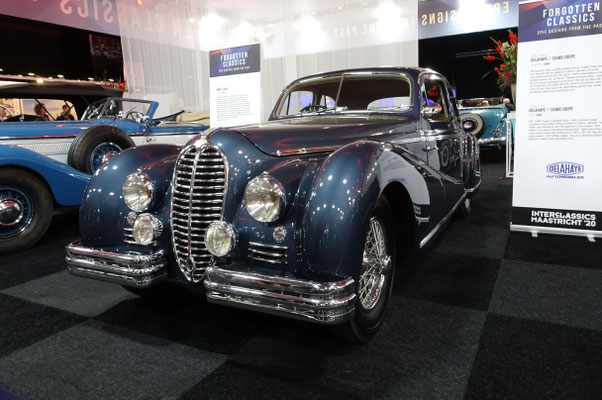 Delahaye 135 MS uit 1949 met een gesloten Alpin Coupé koetswerk. (Interclassics Maastricht 2020)