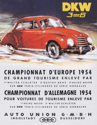 Auto Union won in 1954 met de nieuwe DKW 3=6 het Duitse en Europese rallykampioenschap.