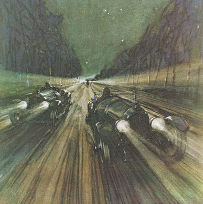 In 1924 behaalde Bentley de eerste van de vijf overwinningen in de 24 uur van Le Mans. We zien ze hier op de Mulsanne Straight, een recht stuk van bijna 6 kilometer.