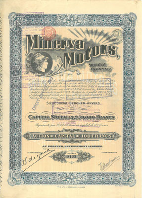 Aandeel Minerva Motors S.A. uit 1910 met de handtekening van Sylvian de Jong.