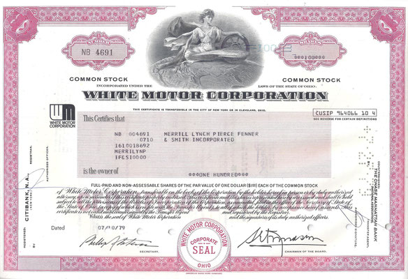 Certificaat voor 100 aandelen White Motor Corporation uit 1979.