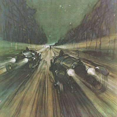 In 1924 behaalde Bentley de eerste van de vijf overwinningen in de 24 uur van Le Mans. We zien ze hier op de Mulsanne Straight, een recht stuk van bijna 6 kilometer.