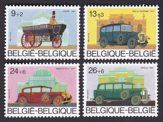 Postzegels België uit 1986 met Belgische auto's.