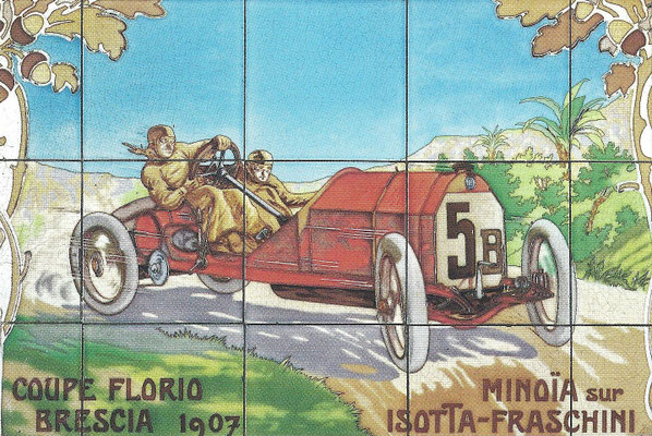 Tegeltableau van Minoïa met een Isotta-Fraschini in de Coupe Florio Brescia van 1907.