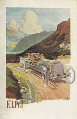 Een postkaart van Fiat uit 1906 ontworpen door Montant.