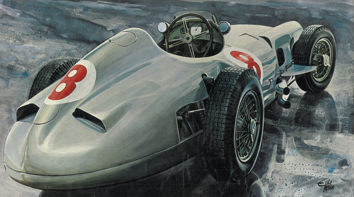 Mercedes W196 uit1954. Kunstwerk van E. Kuhn.