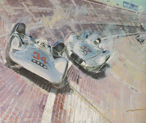 Auto Union en Mercedes op het A.V.U.S.-circuit  in 1937. Geschilderd door Walter Gotschke.