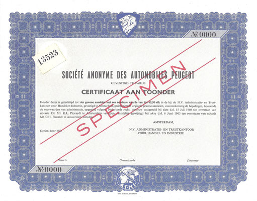 Certificaat voor 4 aandelen S.A. des Automobiles Peugeot uit 1963 (specimen).