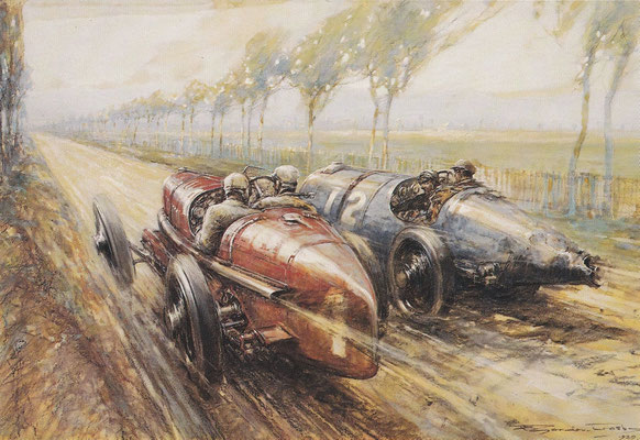 Gordon Crosby maakte dit kunstwerk van de Grand Prix van Duitsland 1922. Felice Nazzaro die met zijn Fiat eerste werd, haalt hier Pierre de Vizcaya met Bugatti in die als tweede zou eindigen. Piero Marco werd derde met een Bugatti.